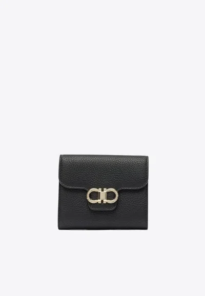 Ferragamo Gancini Leather Compact Wallet In Black