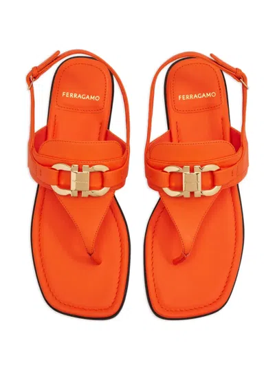 Ferragamo Gancini Leather Flat Sandals In Orange