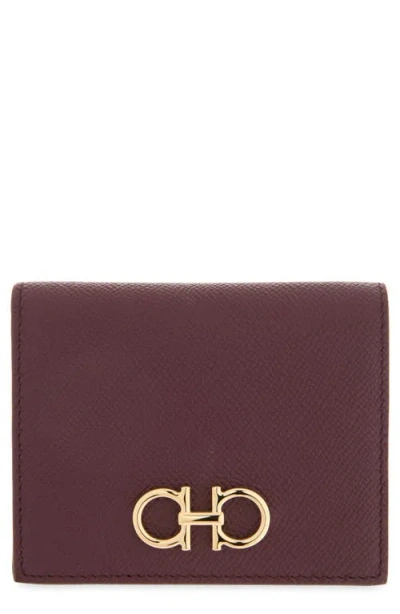 Ferragamo Gancini Compact Wallet French Style Leather In Burgundy