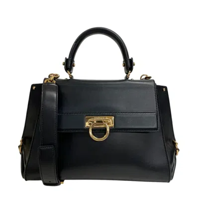 Pre-owned Ferragamo Gancini Leather Handbag Shoulder Bag () In Black