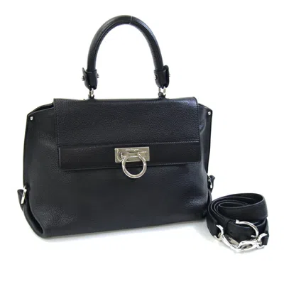 Pre-owned Ferragamo Gancini Leather Handbag Shoulder Bag () In Black