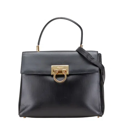 Pre-owned Ferragamo Gancini Leather Handbag Shoulder Bag () In Black