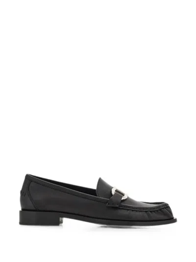 Ferragamo Black Leather Loafers With Silver-tone Metal Bit Detail