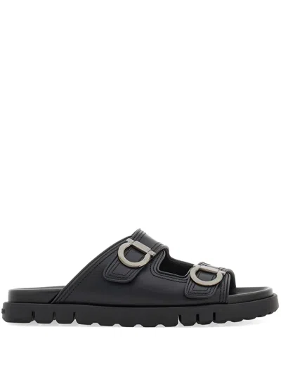 Ferragamo Double-strap Leather Sandals In Black