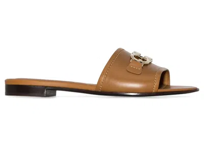 Pre-owned Ferragamo Gancini Leather Sandals (women's) Sneakers In Beige/khaki In Brown
