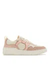 Ferragamo Gancini Leather Sneakers Featuring Suede Paneling In Light Pink