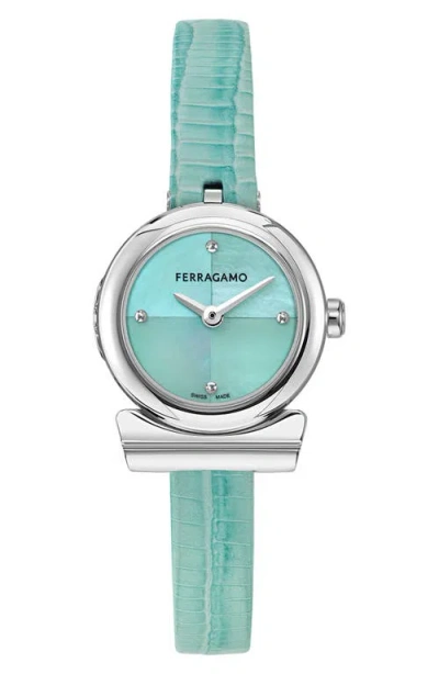 Ferragamo Women's Swiss Blue Leather Strap Watch 23mm In Stainless