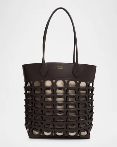 Ferragamo Gancini Leather Tote Bag In Testa Di Moro