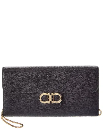 Ferragamo Gancini Leather Wallet On Chain In Black