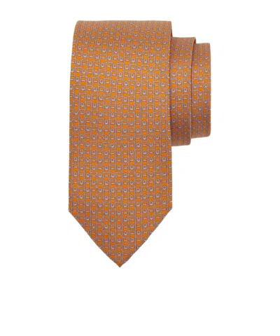 Ferragamo Printed Silk Tie With Hearts And Gancini In Orange