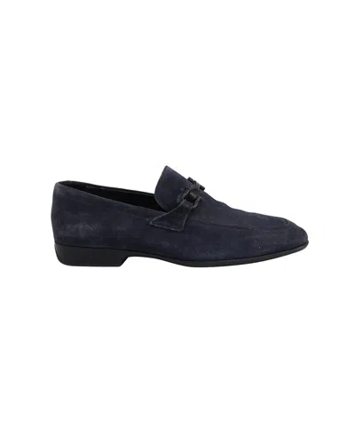 Ferragamo Gancini Loafers In Navy Blue Suede