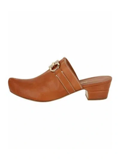 Pre-owned Ferragamo Gancini Logo Calf Leather Mules W/ Tags In Brown