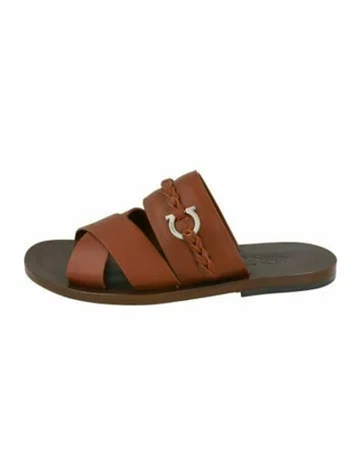 Pre-owned Ferragamo Gancini Logo Calf Leather Slides W/ Tags In Brown