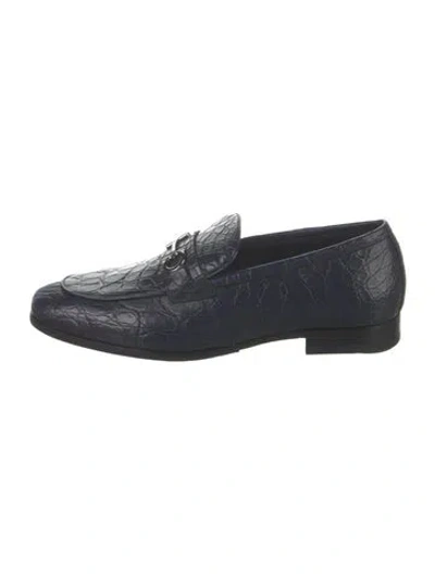 Pre-owned Ferragamo Gancini Logo Crocodile Loafers In Blue