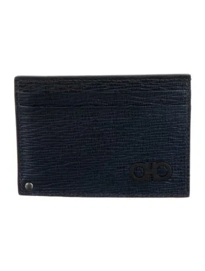Pre-owned Ferragamo Gancini Logo Leather Bifold Wallet In Blue