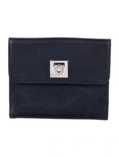 Pre-owned Ferragamo Gancini Logo Leather Bifold Wallet In Blue