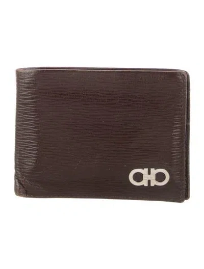 Pre-owned Ferragamo Gancini Logo Leather Bifold Wallet In Brown