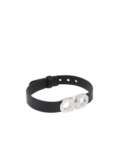 Ferragamo Gancini-logo Leather Bracelet In Black