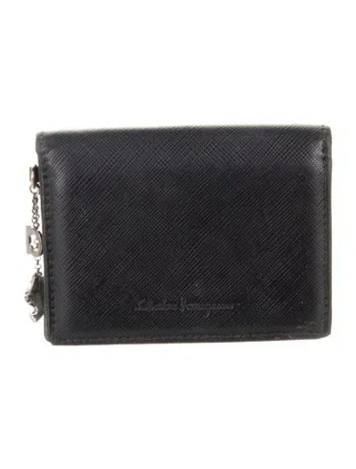 Pre-owned Ferragamo Gancini Logo Leather Compact Wallet In Black