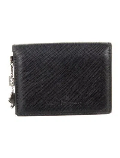 Pre-owned Ferragamo Gancini Logo Leather Compact Wallet In Black