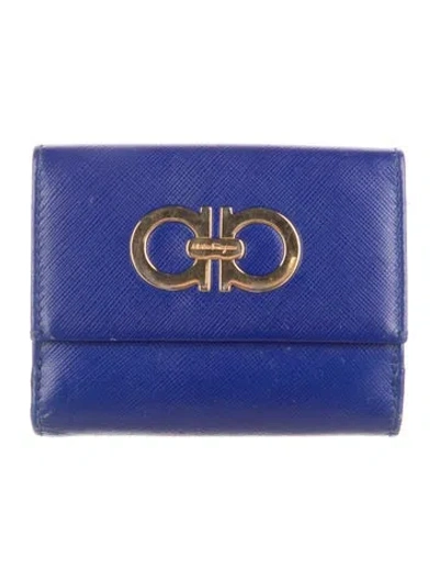 Pre-owned Ferragamo Gancini Logo Leather Compact Wallet In Blue
