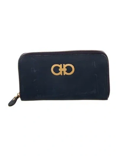 Pre-owned Ferragamo Gancini Logo Leather Continental Wallet In Blue