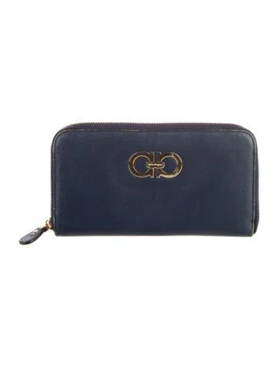 Pre-owned Ferragamo Gancini Logo Leather Continental Wallet In Blue