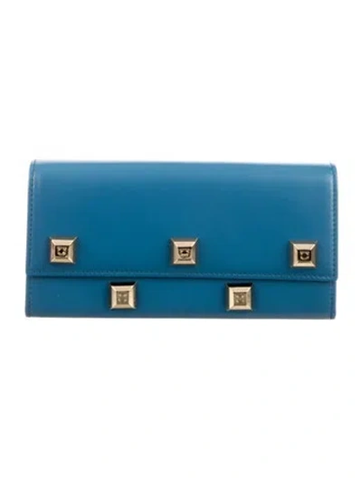 Pre-owned Ferragamo Gancini Logo Leather Continental Wallet In Blue