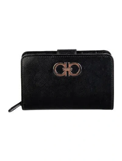Pre-owned Ferragamo Gancini Logo Leather French Purse In Black