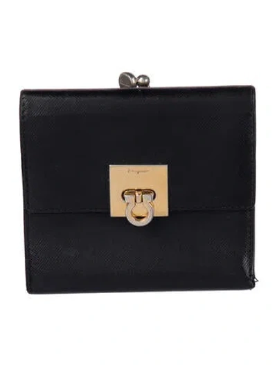Pre-owned Ferragamo Gancini Logo Leather French Purse In Black