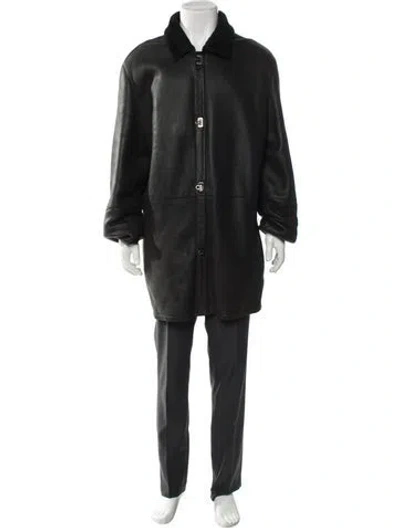 Pre-owned Ferragamo Gancini Logo Leather Overcoat In Black