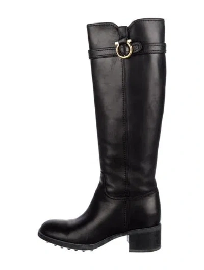 Pre-owned Ferragamo Gancini Logo Leather Riding Boots In Black