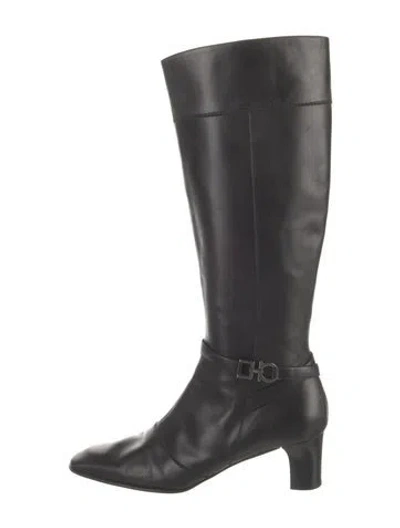 Pre-owned Ferragamo Gancini Logo Leather Riding Boots In Black