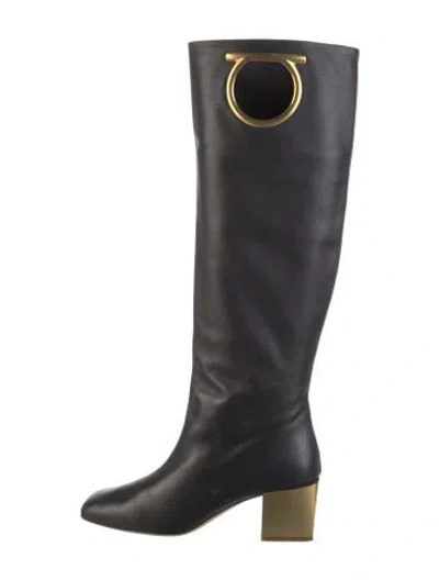 Pre-owned Ferragamo Gancini Logo Leather Riding Boots In Black