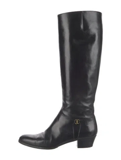 Pre-owned Ferragamo Gancini Logo Leather Riding Boots In Black