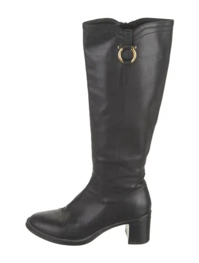 Pre-owned Ferragamo Gancini Logo Leather Riding Boots In Black