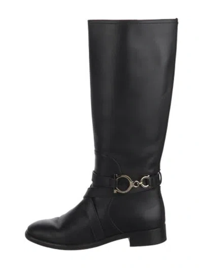 Pre-owned Ferragamo Gancini Logo Leather Riding Boots In Black