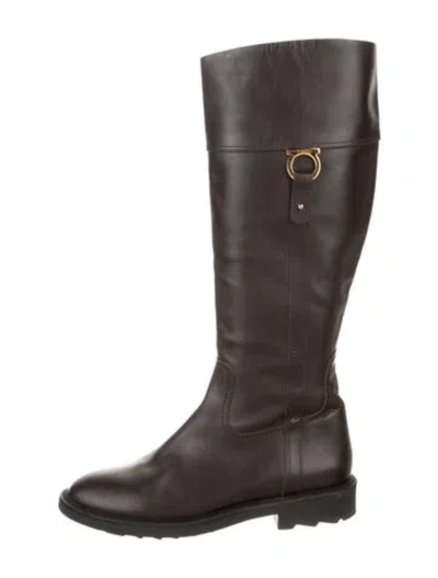 Pre-owned Ferragamo Gancini Logo Leather Riding Boots In Brown