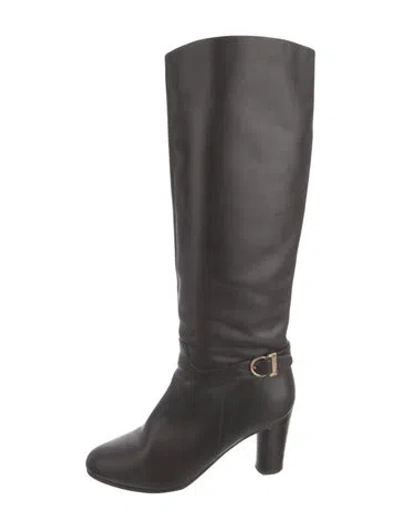 Pre-owned Ferragamo Gancini Logo Leather Riding Boots In Brown