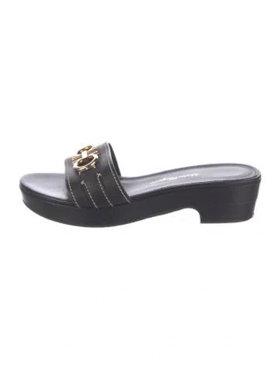Pre-owned Ferragamo Gancini Logo Leather Slides In Black/gold