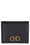 Ferragamo Hammered Leather Gancini Compact Wallet In Black
