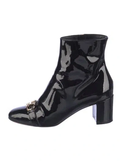 Pre-owned Ferragamo Gancini Logo Patent Leather Boots In Black