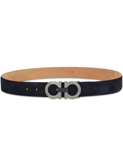 Ferragamo Gancini Logo-plaque Leather Belt In Blue