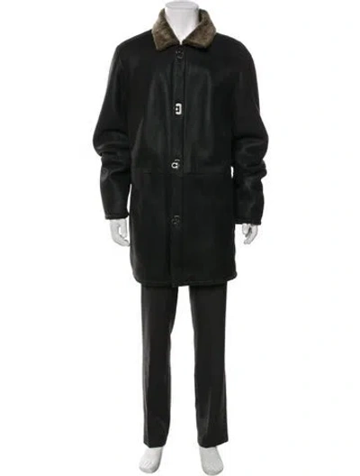 Pre-owned Ferragamo Gancini Logo Shearling Trench Coat In Green