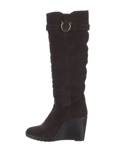 Pre-owned Ferragamo Gancini Logo Suede Boots In Brown