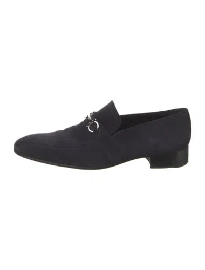 Pre-owned Ferragamo Gancini Logo Suede Dress Loafers In Blue