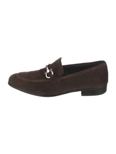 Pre-owned Ferragamo Gancini Logo Suede Dress Loafers In Brown