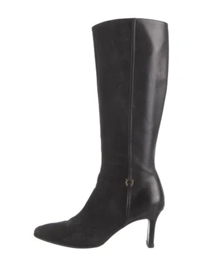 Pre-owned Ferragamo Gancini Logo Suede Riding Boots In Black