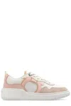 Ferragamo Gancini Leather Sneakers Featuring Suede Paneling In Powder