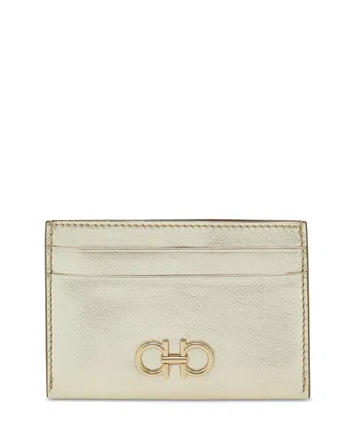 Ferragamo Gancini Metallic Leather Card Holder In Gold